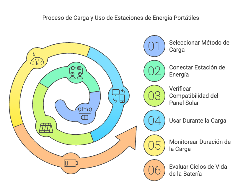 Estación de energía portátil cargándose con panel solar y enchufe de pared