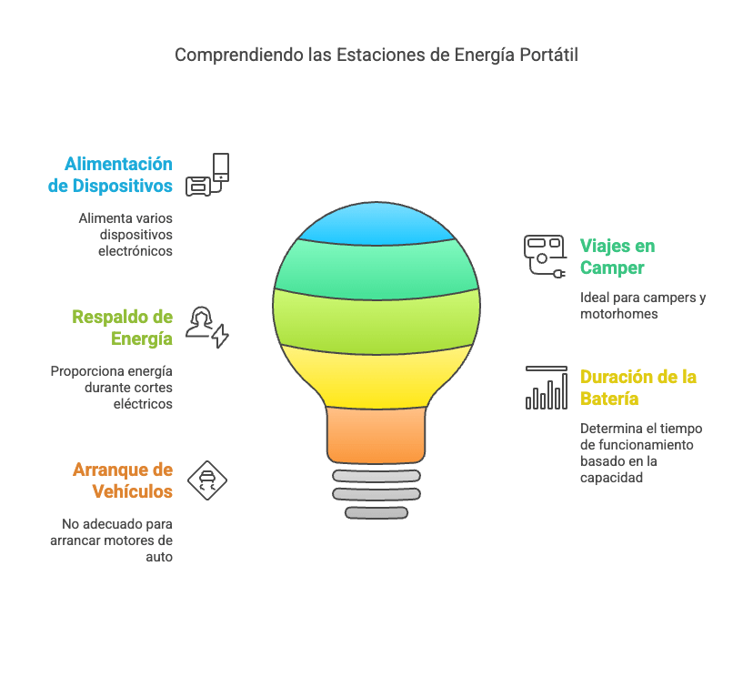 Collage mostrando usos de una estación de energía portátil: camping, cortes de luz, trabajo